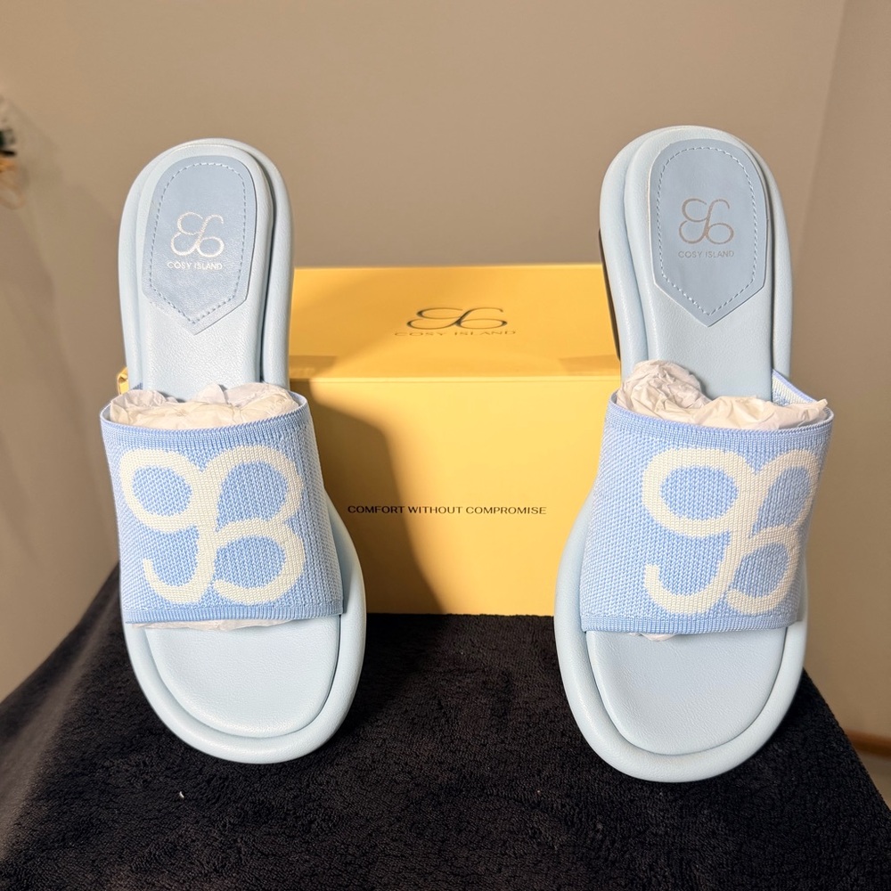 Cosy Island Light Blue Knit Logo Slide Sandals - Picture 2 of 6